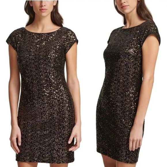 Eliza J. Black Bronze Sequin Velvet Cap Sleeve Dress Sz 4 - Picture 1 of 8